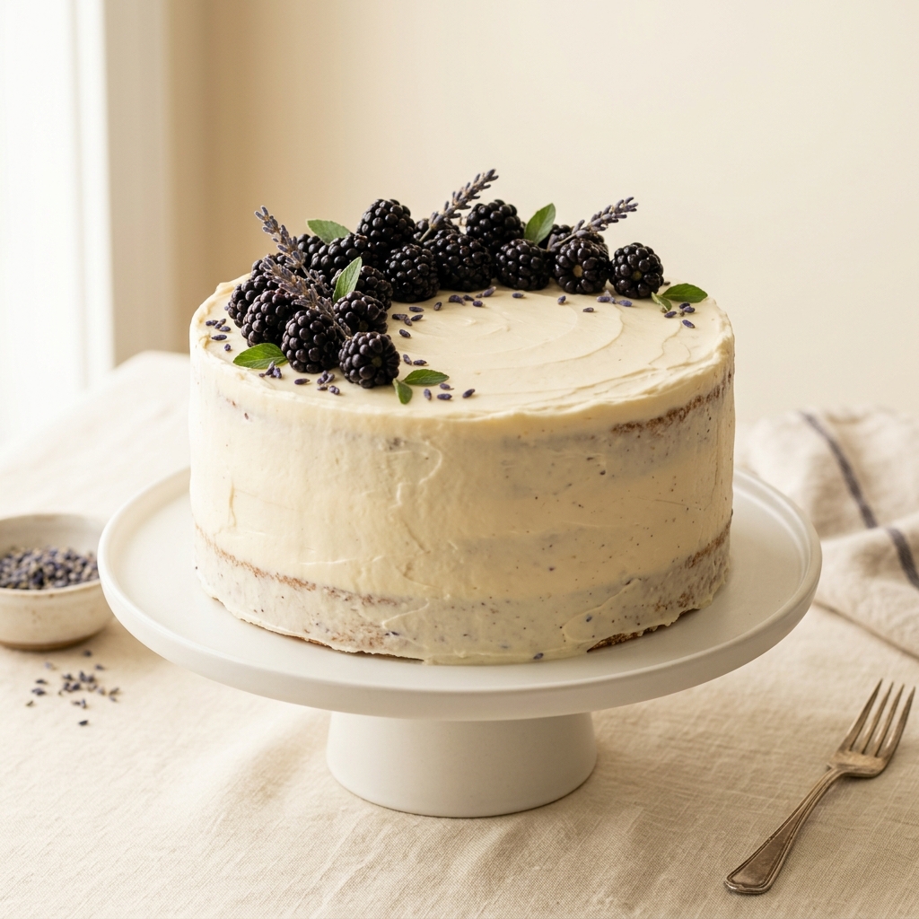 Vanilla lavender blackberry cake with cream cheese frosting and fresh blackberries